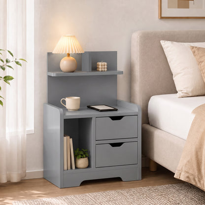 Bedside Table with 2 Drawers & Open Shelves | Grey Particleboard | 40x30x60cm | 30kg | Cut-Out Handles | Rounded Corners | Top & Bottom Shelves | Modern Nightstand | Bedroom Side Table