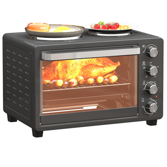 28L Countertop Toaster Mini Oven W/ 2 Hot Plates, Grill, Roast, Bake, Boil, with Timer, Adjustable Temperature, Electric Oven, Black