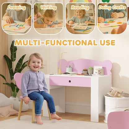 Kids Desk & Chair Set with Drawer – Bear Theme, Easy-Clean Surface, 80cm Desk, For Drawing, Reading & Crafts, Ages 3–8 – Pink