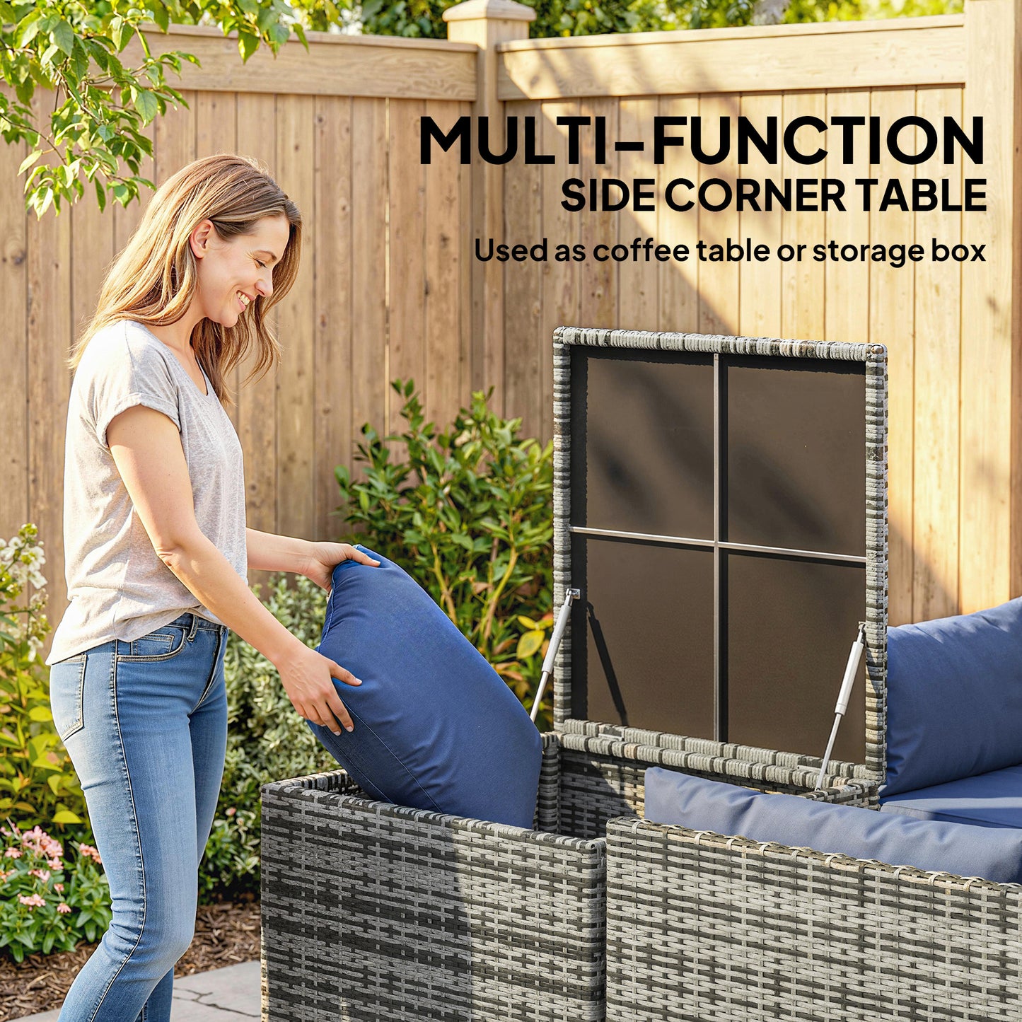 4 Piece L-Shaped Rattan Corner Garden Sofa Set | 2 Loveseats | Storage Trunk | Coffee Table | Tempered Glass | Padded Cushions | Washable Covers | PE Wicker | Dark Blue