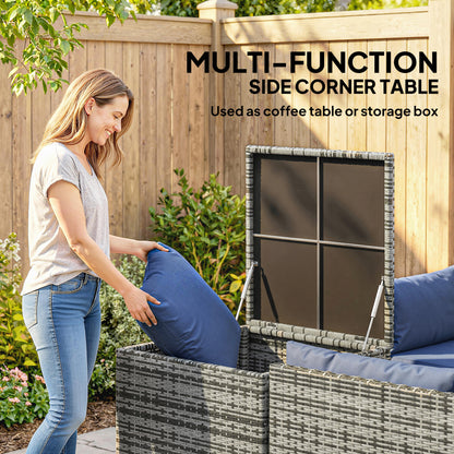 4 Piece L-Shaped Rattan Corner Garden Sofa Set | 2 Loveseats | Storage Trunk | Coffee Table | Tempered Glass | Padded Cushions | Washable Covers | PE Wicker | Dark Blue