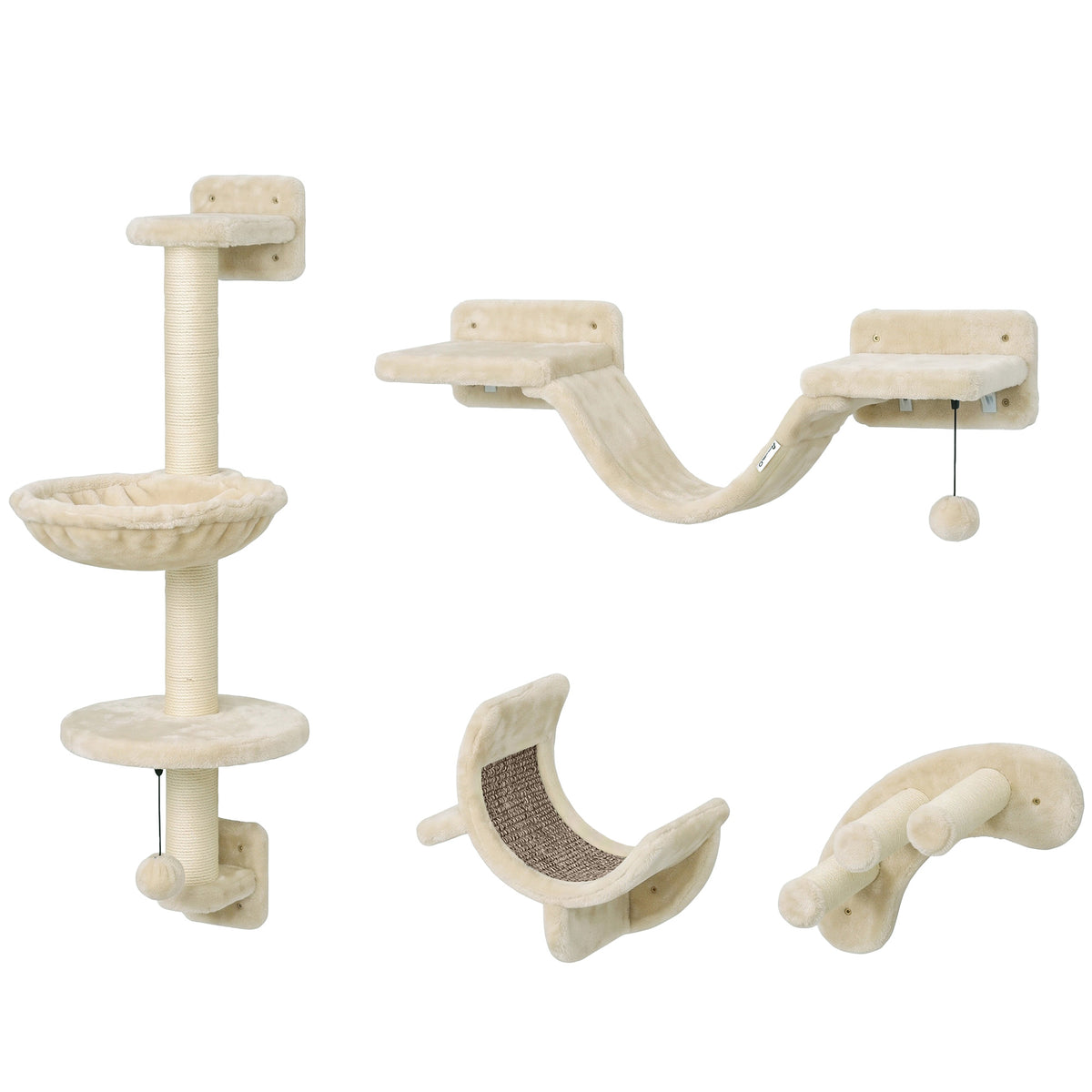 PawHut 4-Piece Cat Wall Furniture Set | Hammock | Soft Ladder Platform | 3-Step Curved Ladder | Plush-Covered | Adjustable Layout | Sisal Scratch Surface | Under 5kg | Indoor | Beige
