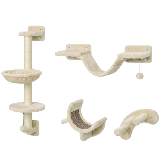 PawHut 4-Piece Cat Wall Furniture Set | Hammock | Soft Ladder Platform | 3-Step Curved Ladder | Plush-Covered | Adjustable Layout | Sisal Scratch Surface | Under 5kg | Indoor | Beige