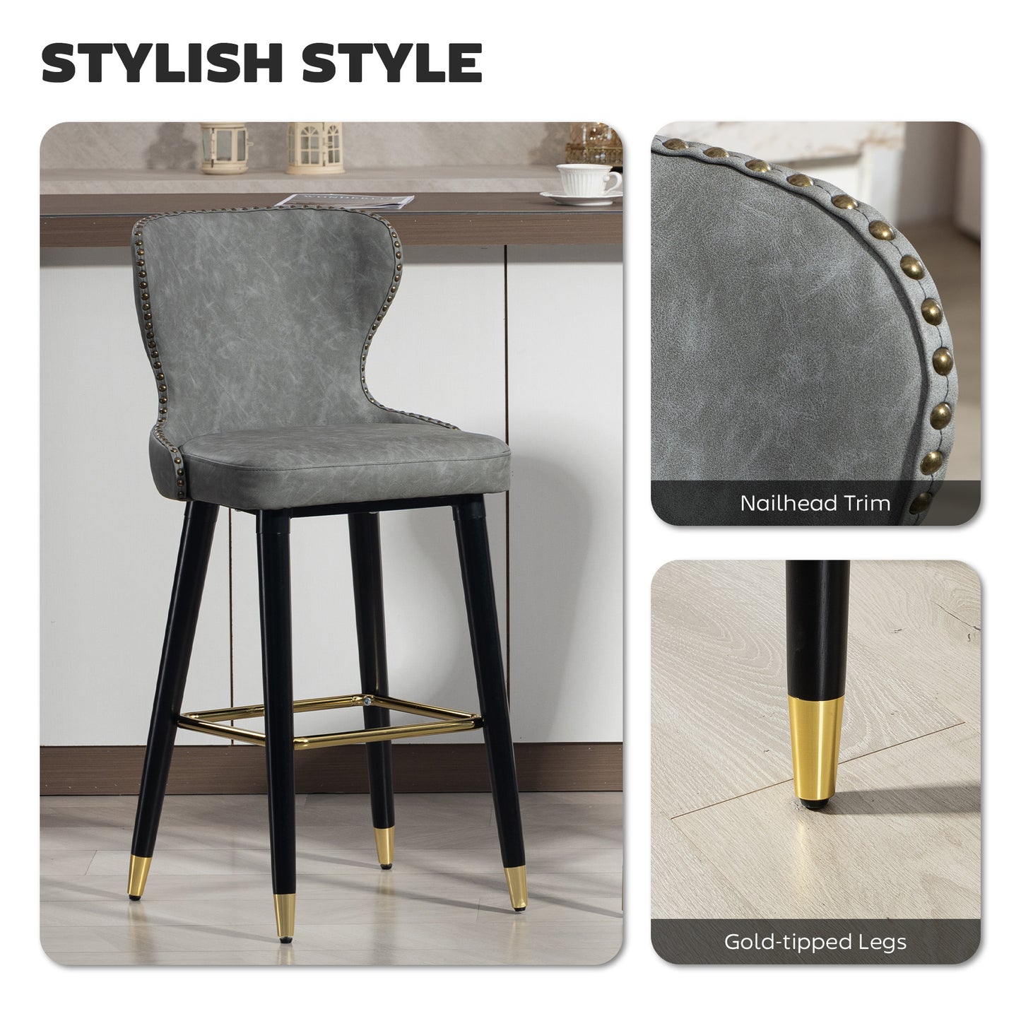Bar Stools Set of 2, PU Leather Barstools with Back, Footrest and Wood Legs for Kitchen, Counter, Breakfast Bar, Grey