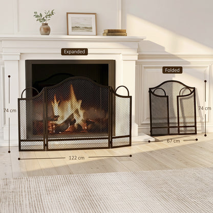 3-Panel Folding Fireplace Screen | Floral Design | Powder-Coated Metal | Spark Guard | Hearth Protection | Adjustable | Folds to 67x2x74cm | Open 122x1x74cm | Side Panels 27x64cm | Black