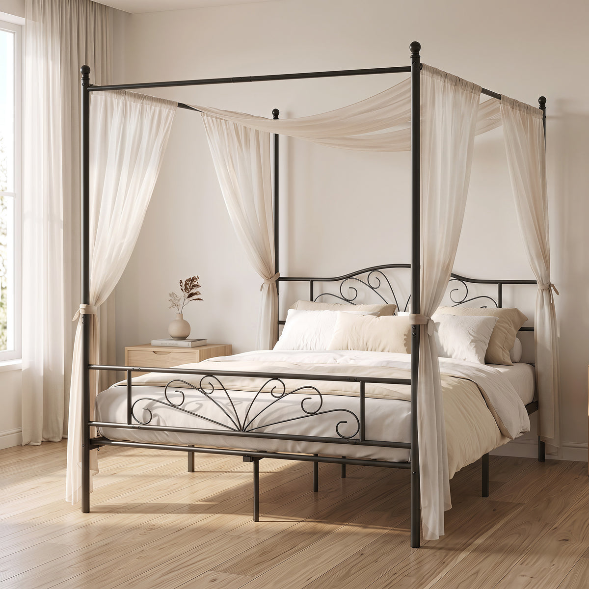 King Size Four-Poster Canopy Bed Frame | Headboard & Footboard | EVA-Padded Centre Bar | 12 Slats | 6 Legs | 29cm Under-Bed | 240kg | Mosquito Net Posts | 155.5x207x191cm | Black / White