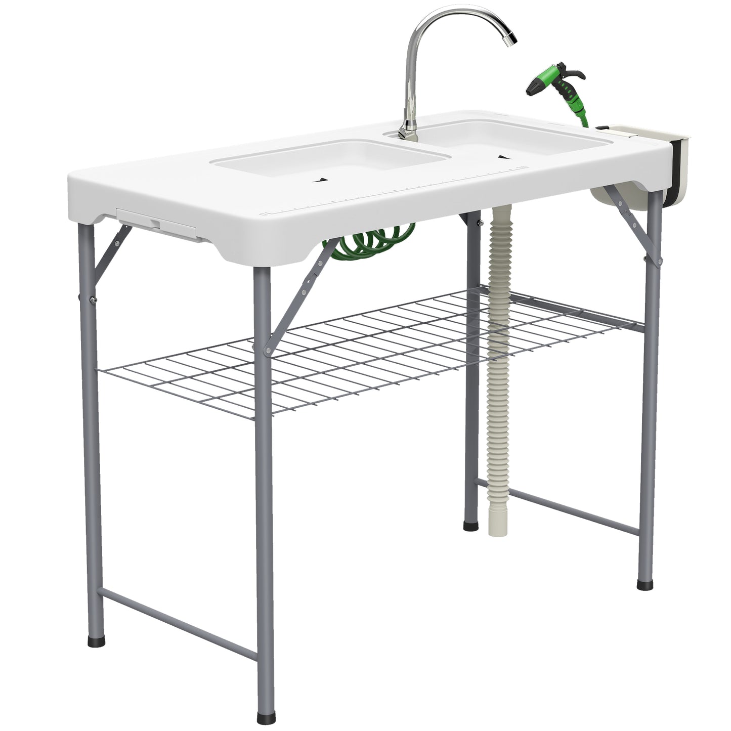 Folding Fish Cleaning Table with Twin Sinks | Faucet & Spray Nozzle | Drawer | Shelf | Basket | 80kg | Camping & Fishing | White
