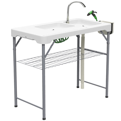 Folding Fish Cleaning Table with Twin Sinks | Faucet & Spray Nozzle | Drawer | Shelf | Basket | 80kg | Camping & Fishing | White