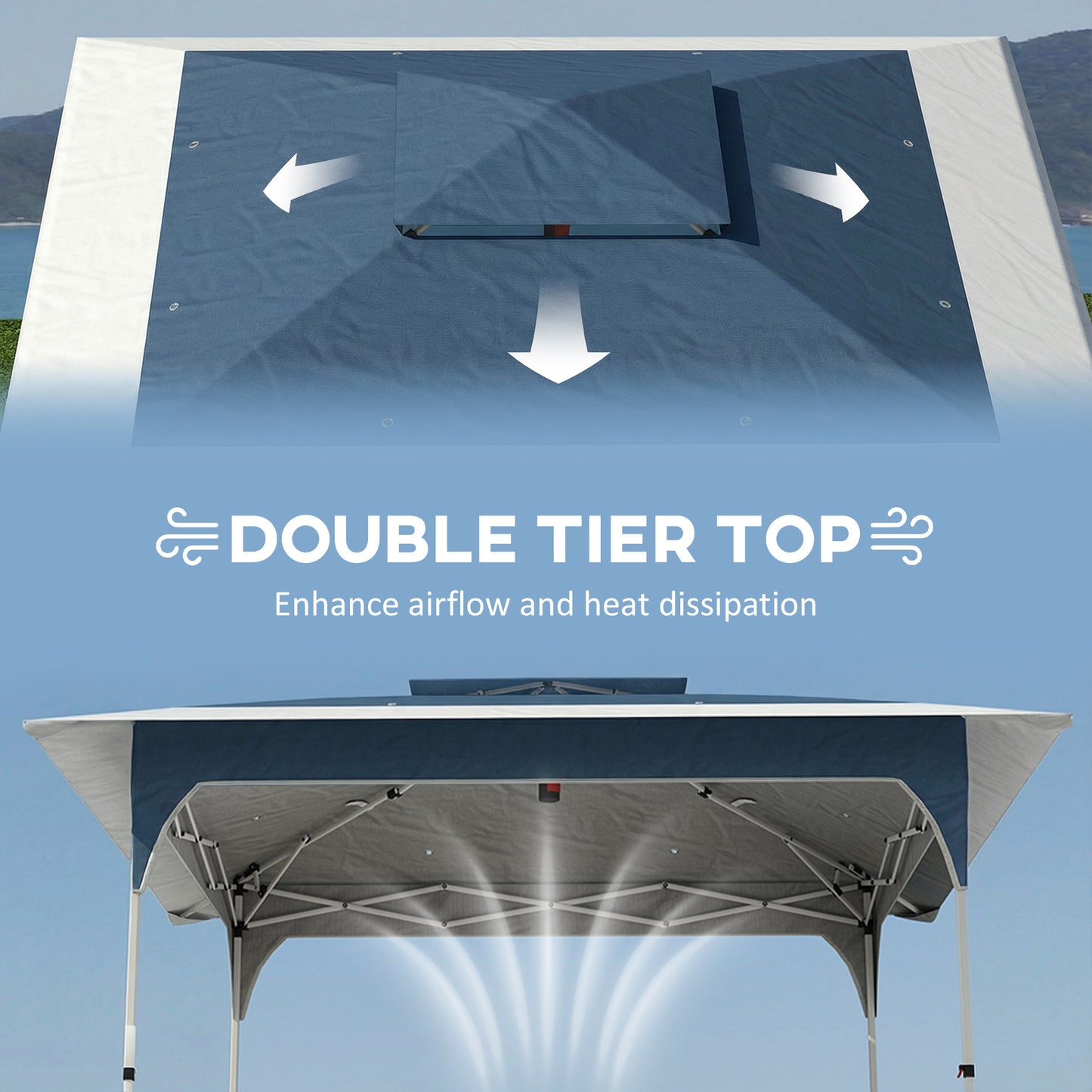 3.5x3.5m Pop Up Gazebo | One-Push Central Lock | Double-Tier UPF50+ 210D Oxford Fabric | 8 Rainwater Holes | 3 Height Settings | Windproof Level 4-6 | Snow Rated | Ropes & Stakes | Carry Bag | Blue & White