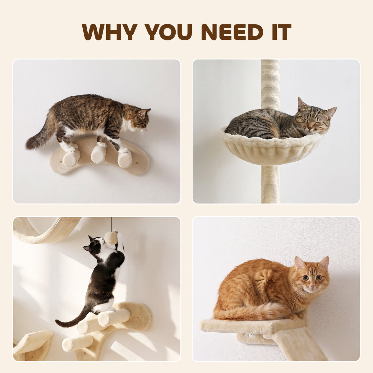PawHut 4-Piece Cat Wall Furniture Set | Hammock | Soft Ladder Platform | 3-Step Curved Ladder | Plush-Covered | Adjustable Layout | Sisal Scratch Surface | Under 5kg | Indoor | Beige