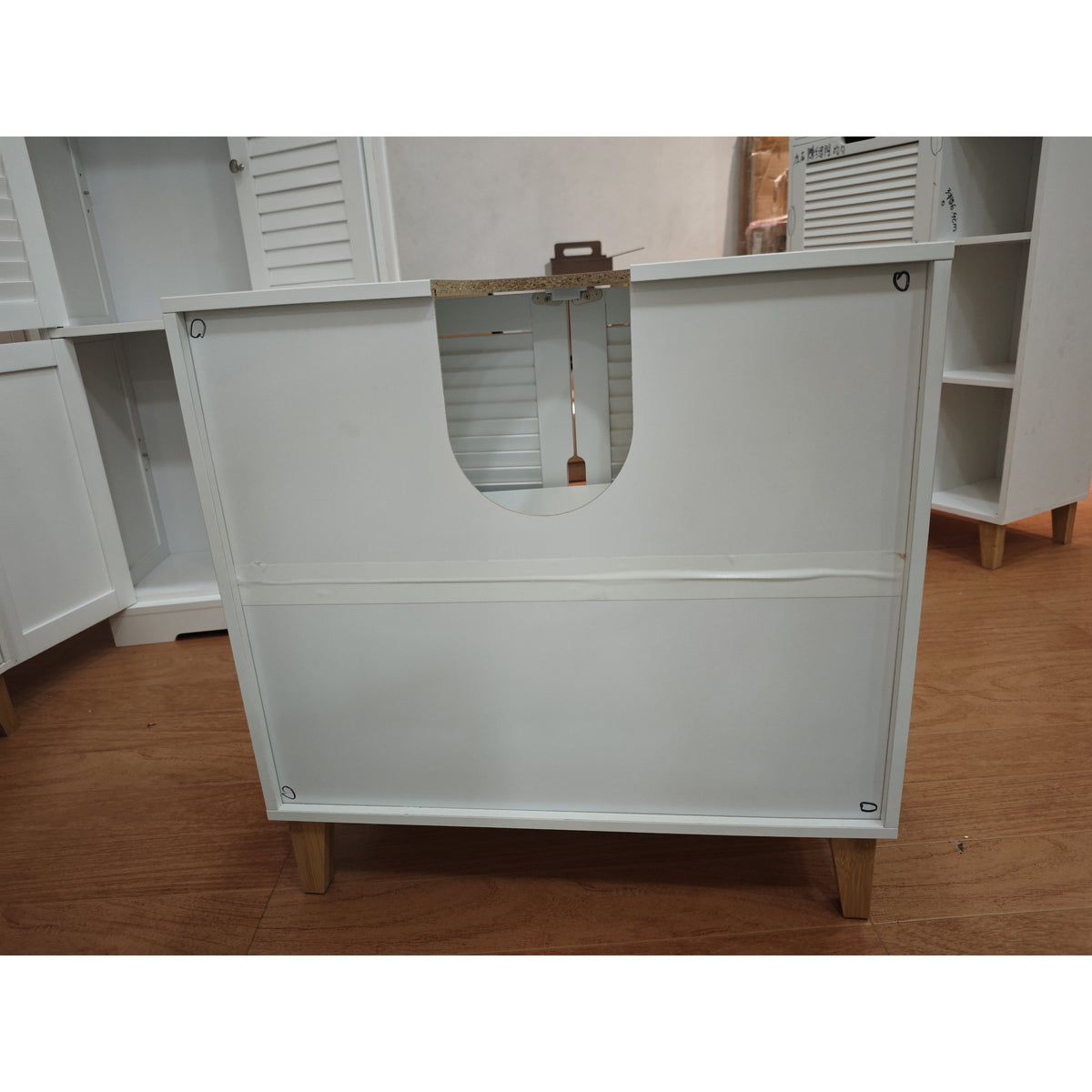Under Sink Bathroom Cabinet | 60W x 30D x 60H cm | 2 Louvre Doors, Adjustable Shelf & Bamboo Legs | White & Natural