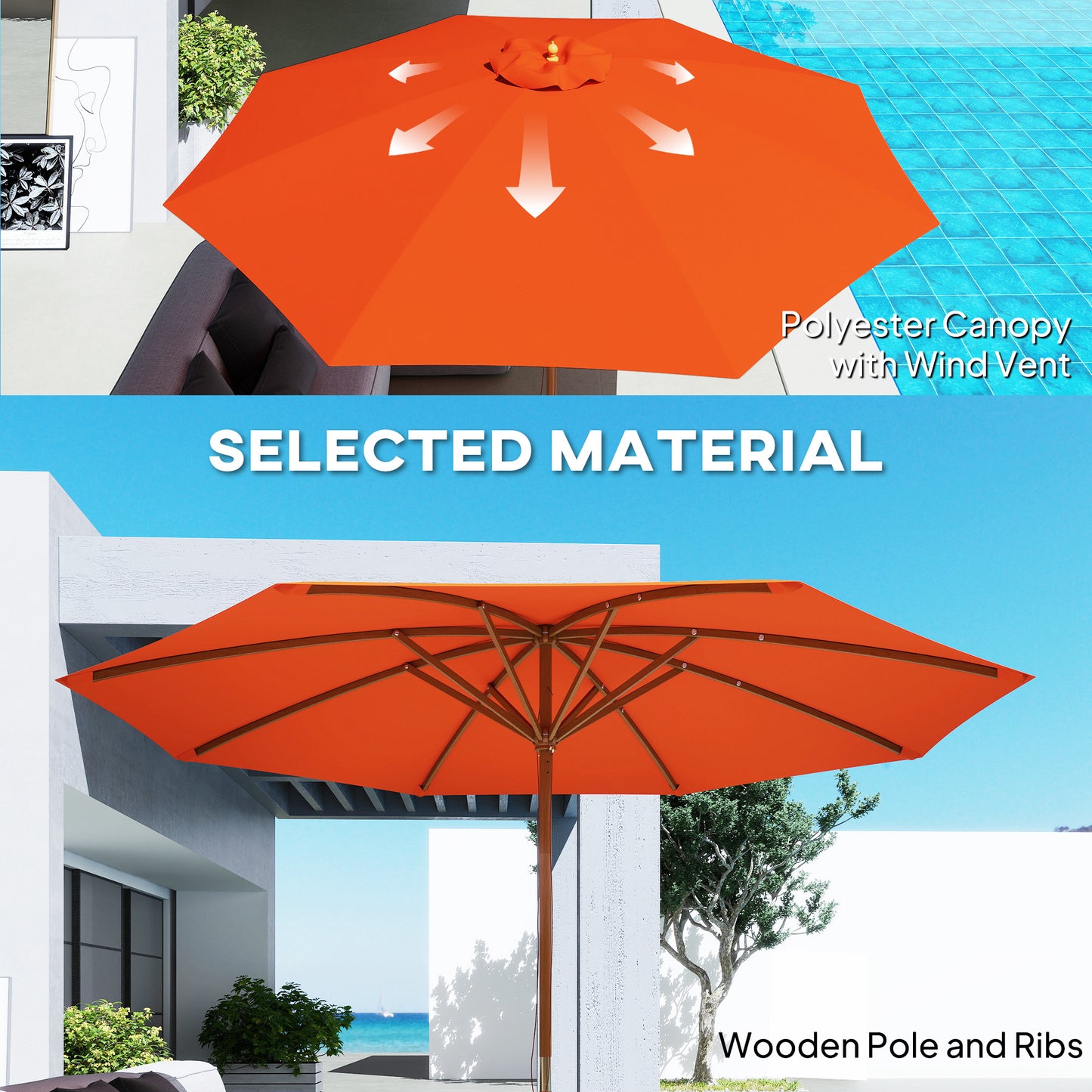 Outsunny 3(m) Wooden Patio Umbrella - Orange