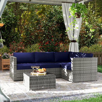 PE Rattan Garden Furniture Set with 10 cm Thick Cushions, 4 Seater Garden Corner Sofa Set W/ Glass Top Coffee Table, Outdoor Furniture