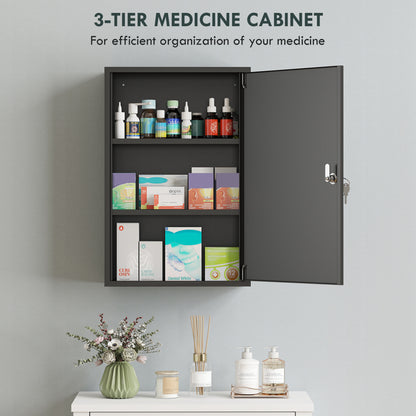 Kleankin 3-Tier Wall-Mounted Lockable Medicine Cabinet | Black Steel | 40x18x60cm | 2 Keys | Rust-Resistant | Pre-Drilled | Bathroom Kitchen | First Aid Storage