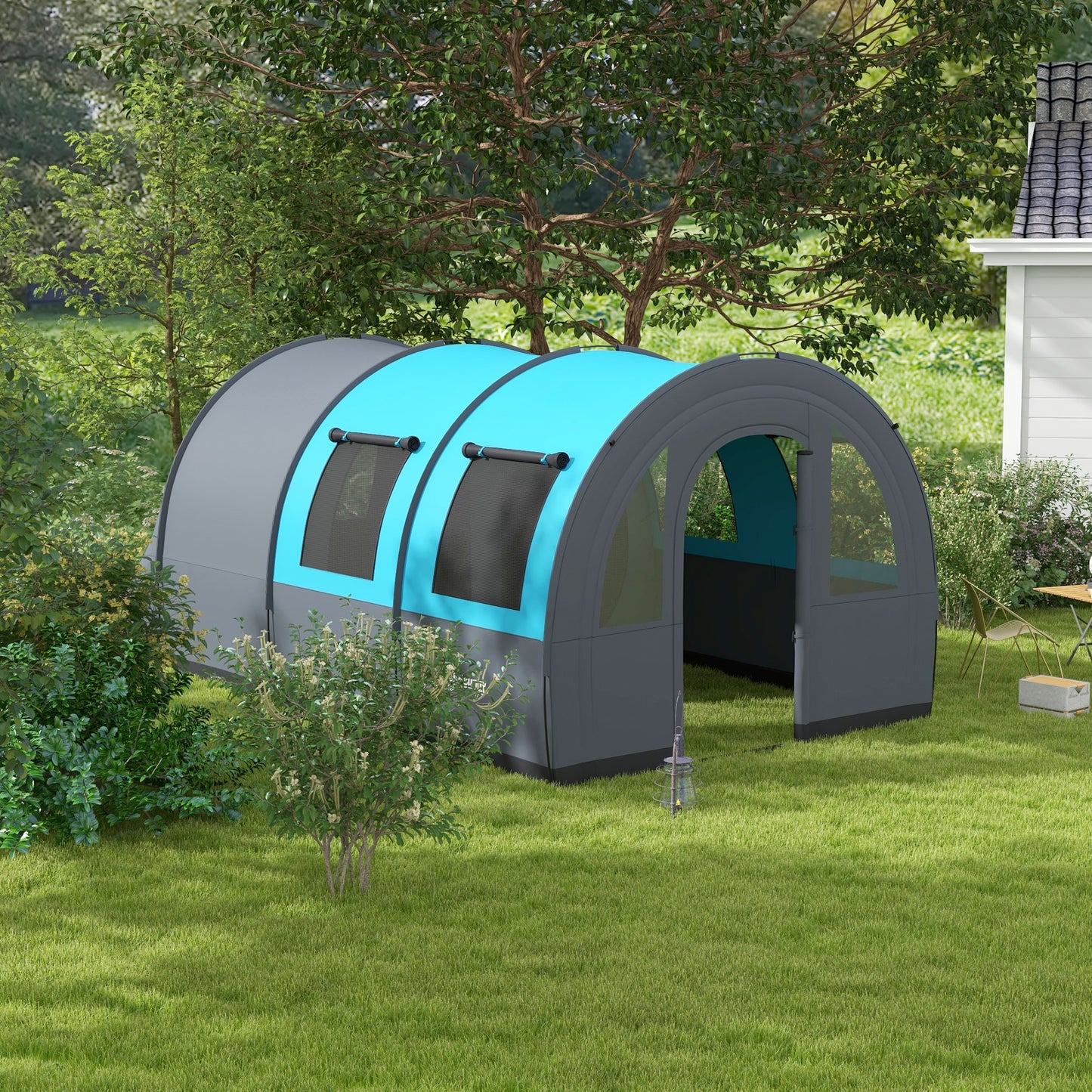 Outsunny 3000mm Waterproof Camping Tent, 5-6 Man Family Tent with Living and Bedroom, Carry Bag Included, Grey and Blue