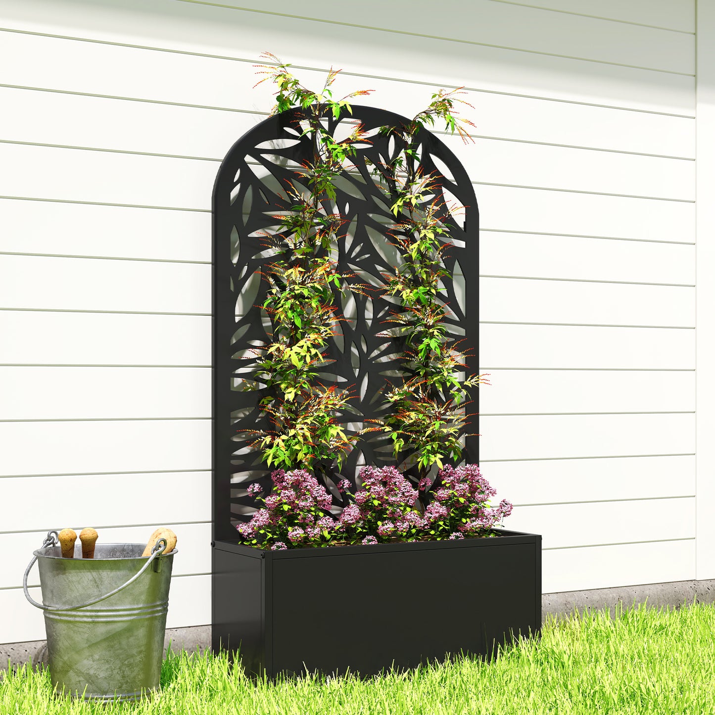Metal Raised Planter with Curved Leaf Trellis & Privacy Screen | Wall Mounted or Freestanding | 29L Soil | 50kg | Powder-Coated | 61x23x113cm | Climbing Plants | Black