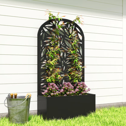 Metal Raised Planter with Curved Leaf Trellis & Privacy Screen | Wall Mounted or Freestanding | 29L Soil | 50kg | Powder-Coated | 61x23x113cm | Climbing Plants | Black
