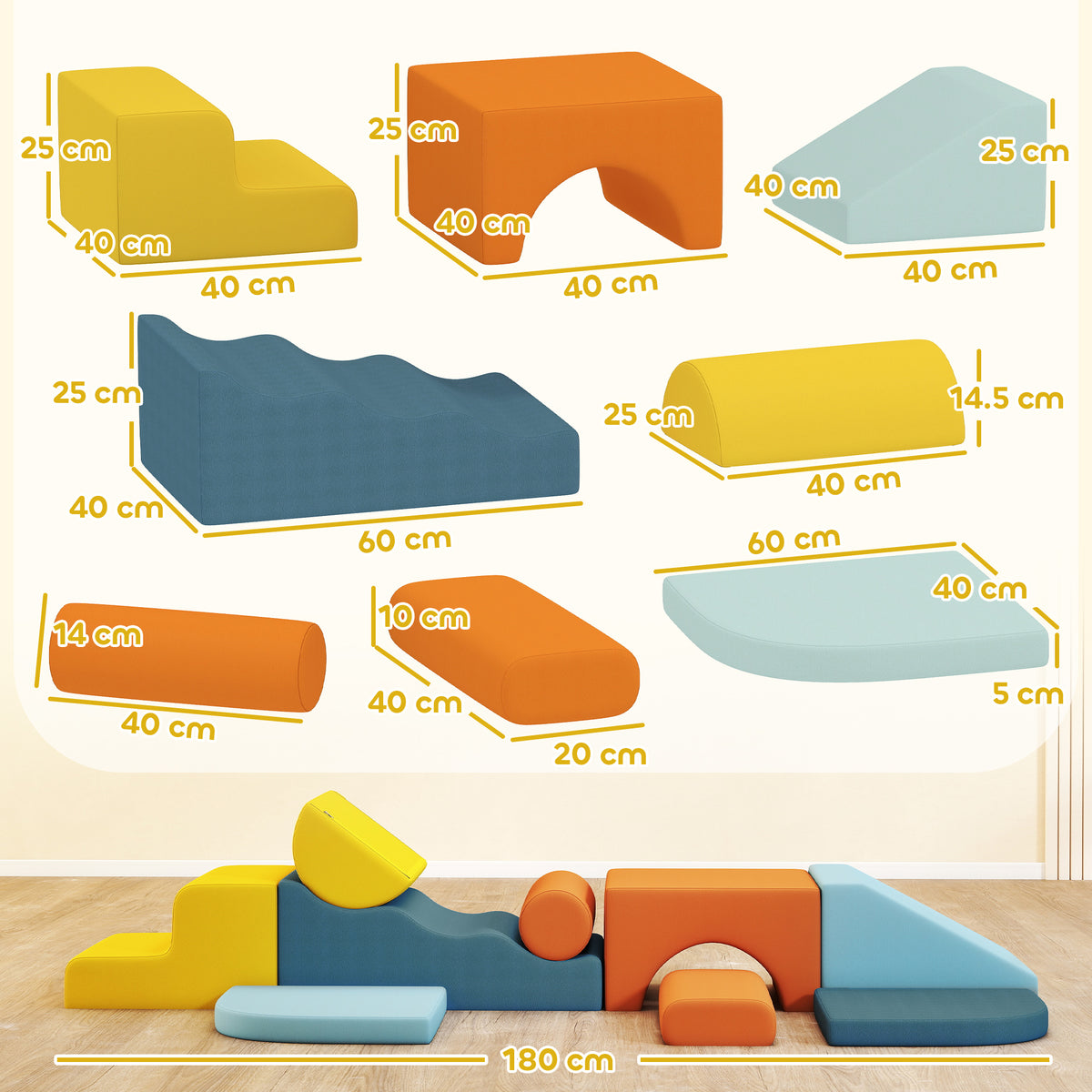 AIYAPLAY 9-Piece Soft Play Set | Multicoloured Foam Climbing & Crawling Blocks | Removable Machine-Washable Velvet Covers