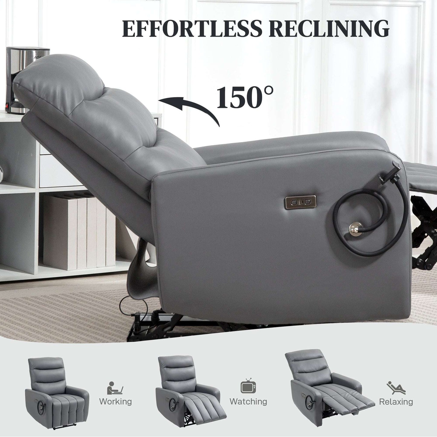 Electric Recliner Armchair with USB + Type C Charge Port, Phone Holder, PU Leather Reclining Chair for Home, Grey