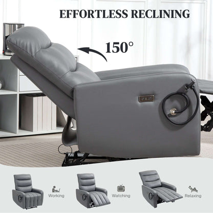 Electric Recliner Armchair with USB + Type C Charge Port, Phone Holder, PU Leather Reclining Chair for Home, Grey