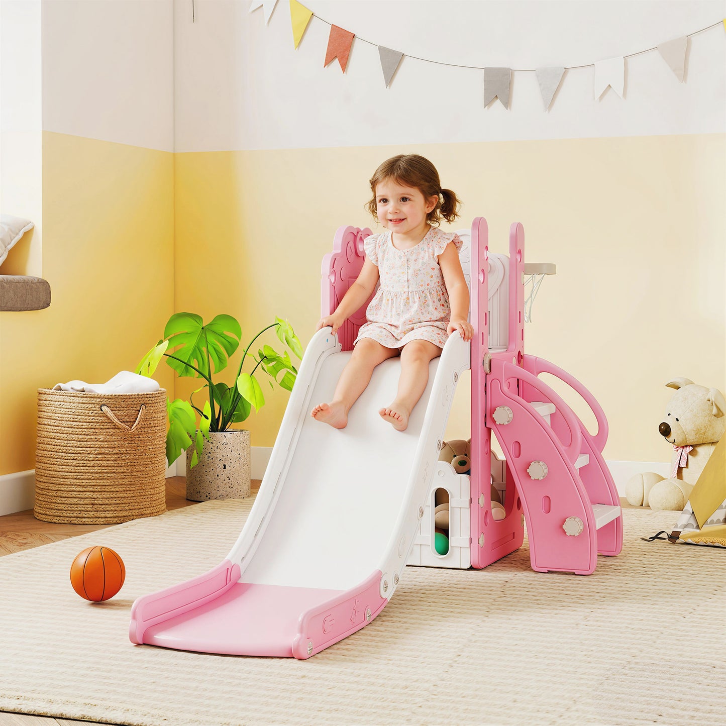 5-in-1 Kids Slide Set with Basketball Hoop, Climbing Frame, Telescope & Storage Box – Anti-Slip Steps, HDPE, Ages 1–3 – Pink