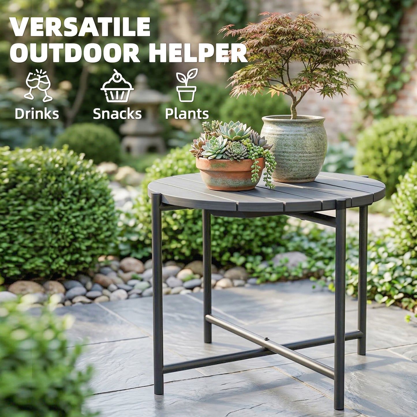Industrial Garden Side Table | Slatted Fir Wood Top | Metal Frame | 54x54x45.5cm | 25kg | Dark Grey
