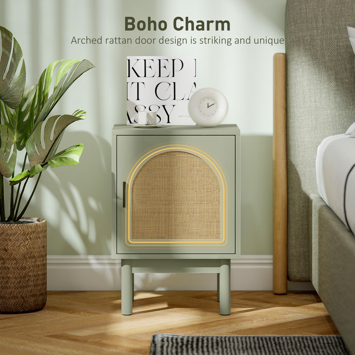 Set of 2 Rattan Bedside Tables | Light Green MDF & Rattan | 40x35x58cm Each | Arched Door | 3-Level Adjustable Shelf | Solid Wood Legs | Non-Slip Pads | 40kg | Bedroom Side Table