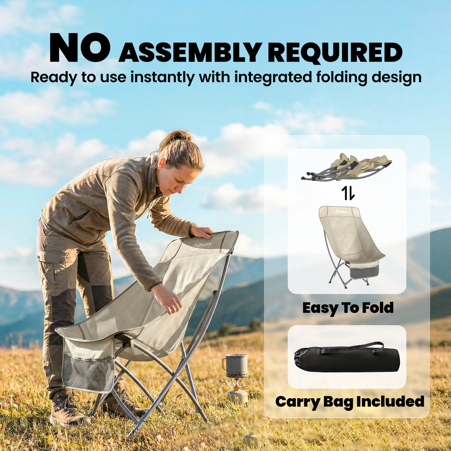 Outsunny Moon Camping Chair – Heavy Duty Folding Camp Chair, 120kg, Water-Repellent Oxford Fabric, Side Pocket & Carry Bag – Khaki