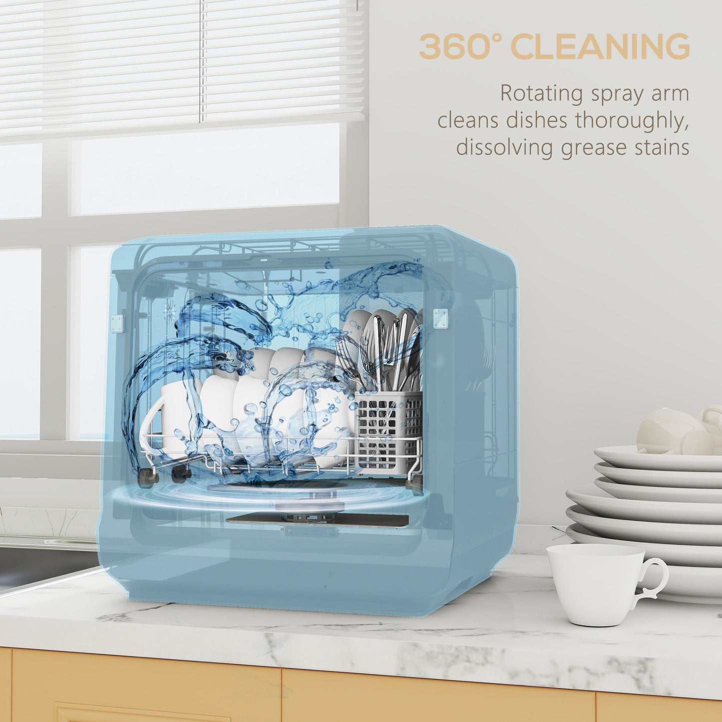 Table Top Dishwasher with Built-in 6L Water Tank, Mini Countertop Dishwasher with 6 Programs, 4 Place Settings, Black