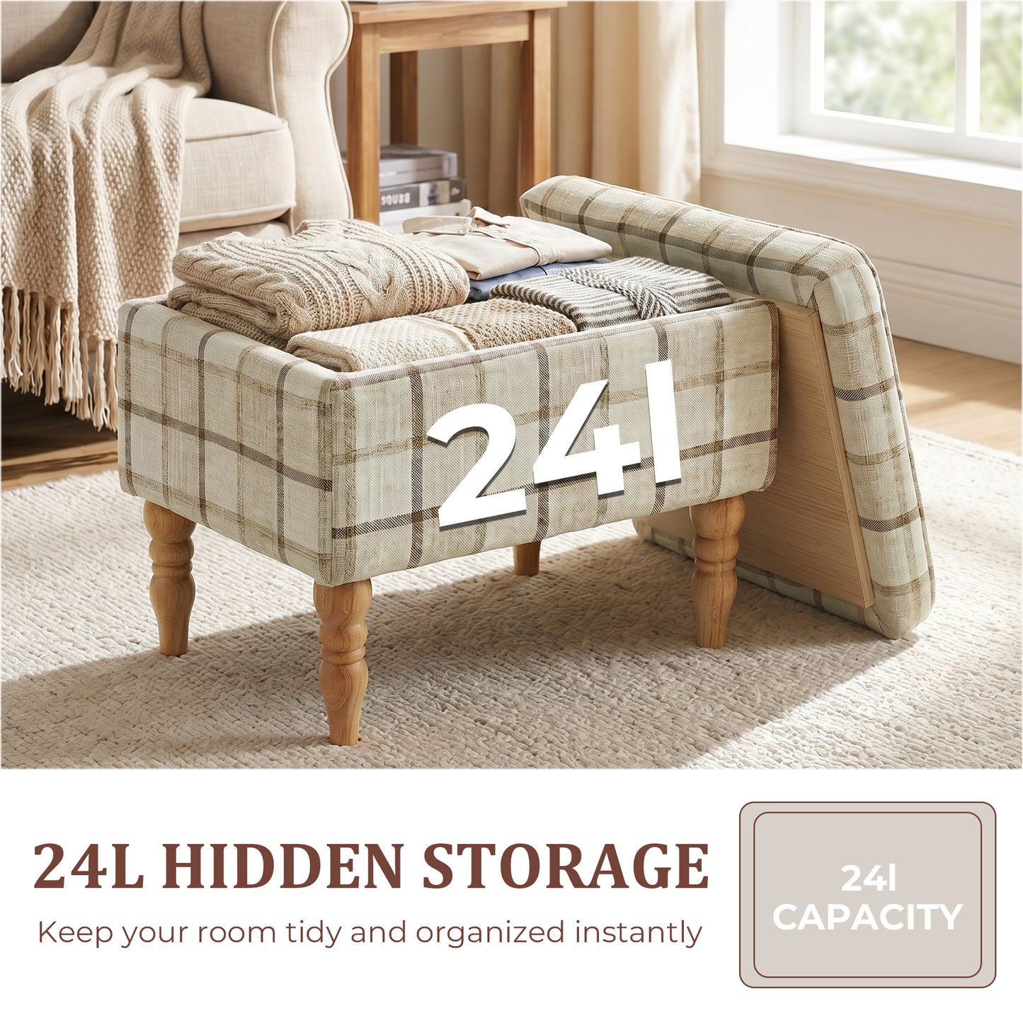 Storage Ottoman Footstool | Flip-Lid Tray Table | 24L Hidden Storage | Plaid Linen-Look Fabric | Rubberwood Legs | 120kg Capacity | 50 x 38 x 39cm | Brown