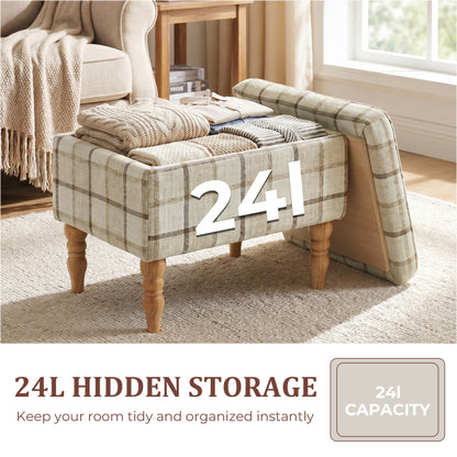 Storage Ottoman Footstool | Flip-Lid Tray Table | 24L Hidden Storage | Plaid Linen-Look Fabric | Rubberwood Legs | 120kg Capacity | 50 x 38 x 39cm | Brown