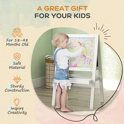 AIYAPLAY Double-Sided Kids Easel, Art Easel for Toddlers, 2-in-1 Kids Whiteboard Blackboard with Storage Shelf for Ages 18-48 Months - White