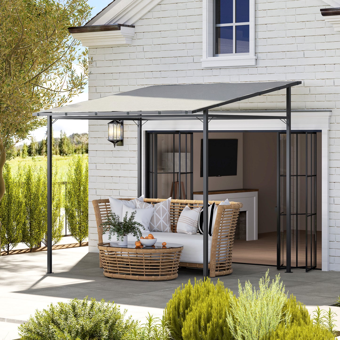 Wall Mounted Lean-To Pergola Gazebo | 2.4x2.4m | 180g PA Coating Fabric | UPF30+ | Splash-Resistant | Powder-Coated Metal Frame | Hook & Loop Fasteners | Ground Stakes | Light Grey