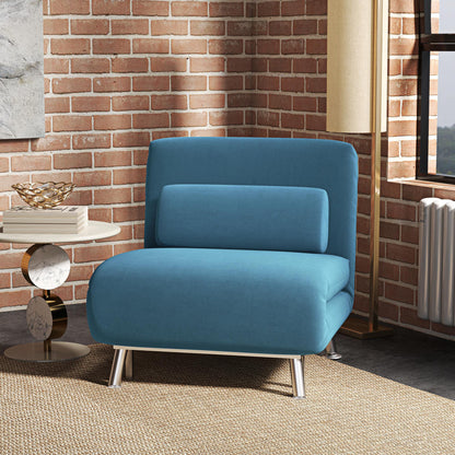 Single Sofa Bed, 1 Person Sleeper Foldable Lounge with Pillow, Blue