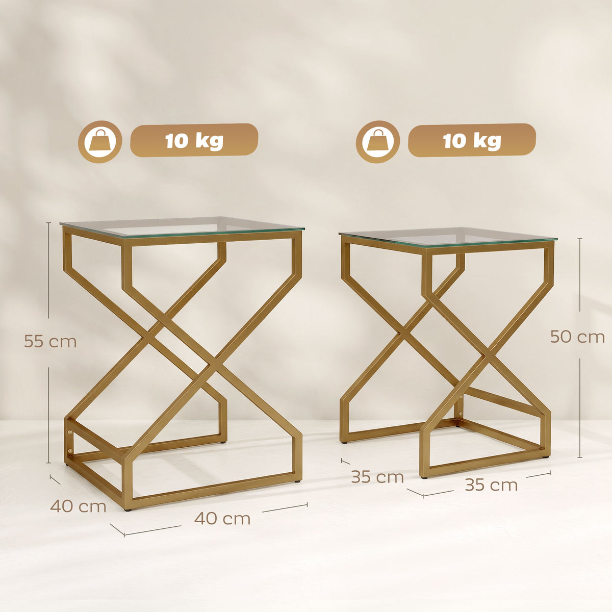 Nest of 2 Tables | Tempered Glass Tops | Gold-Tone Steel Tube Frame | Nesting Design | Adjustable Foot Pads | Large 40x40x55cm Small 35x35x50cm | 20kg Capacity | Transparent & Gold