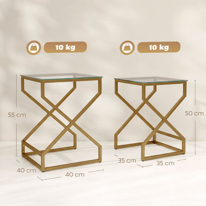 Nest of 2 Tables | Tempered Glass Tops | Gold-Tone Steel Tube Frame | Nesting Design | Adjustable Foot Pads | Large 40x40x55cm Small 35x35x50cm | 20kg Capacity | Transparent & Gold