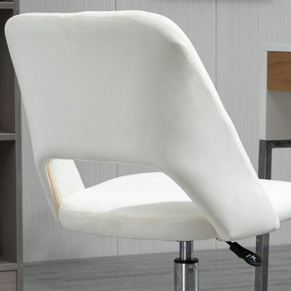 Armless Velvet-Feel Office Chair | Sponge Padded Seat & Back | 360° Swivel | 5 Wheels | Height Adjustable 46-58cm | 120kg | Bedroom Home Office Study | Cream White