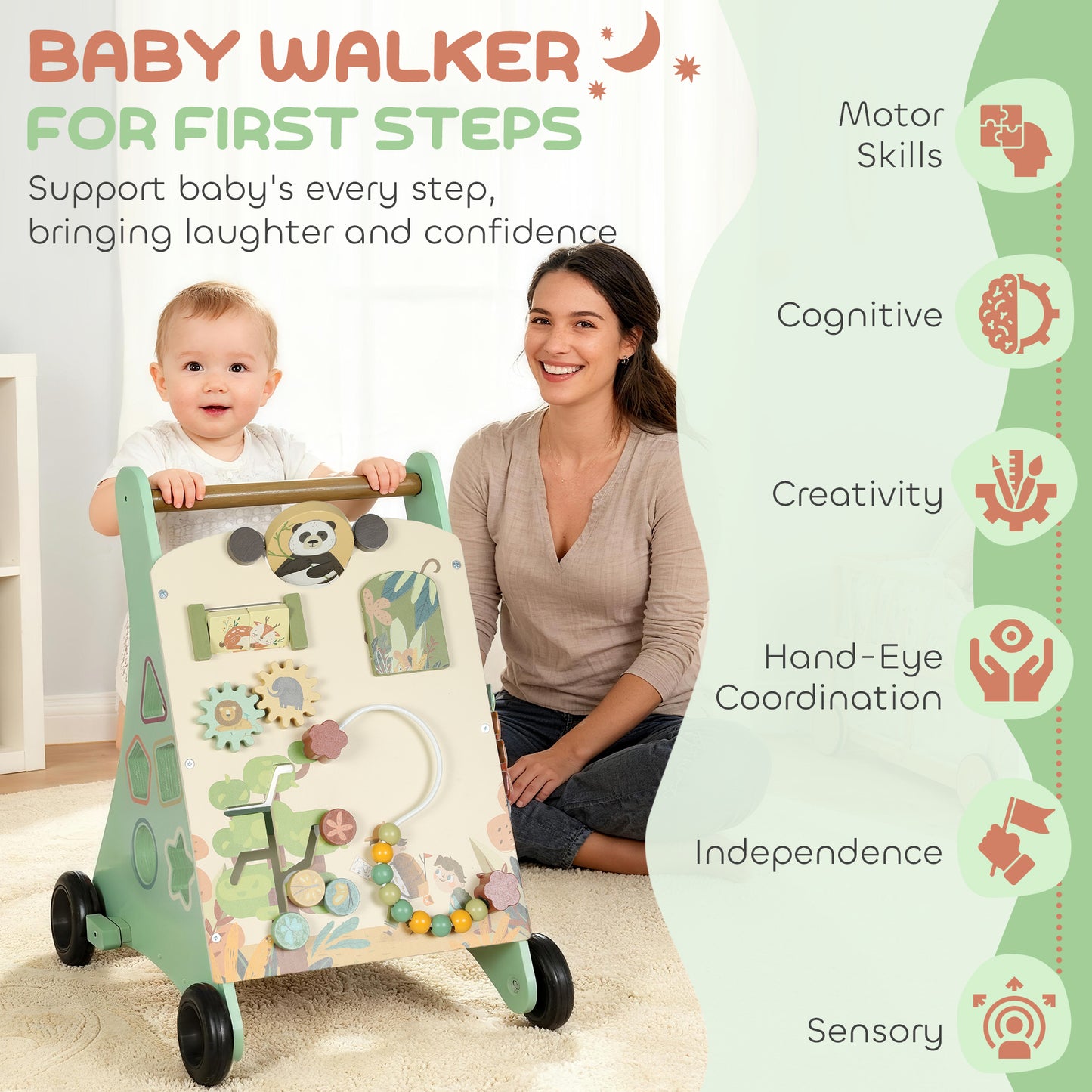 AIYAPLAY Wooden Baby Walker, Push Along Walker Toys with Speed Control, Xylophone, gears and Bead Maze, Green