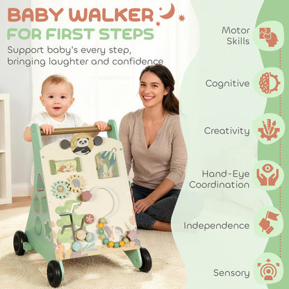 AIYAPLAY Wooden Baby Walker, Push Along Walker Toys with Speed Control, Xylophone, gears and Bead Maze, Green