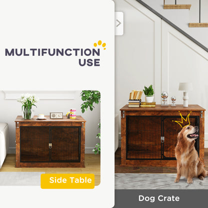 Dog Crate Furniture Side Table | Flip-Up Top | Double Doors | 3-Sided Ventilation | Large Dogs up to 30kg | 98 x 60 x 65.5cm | Rustic Brown