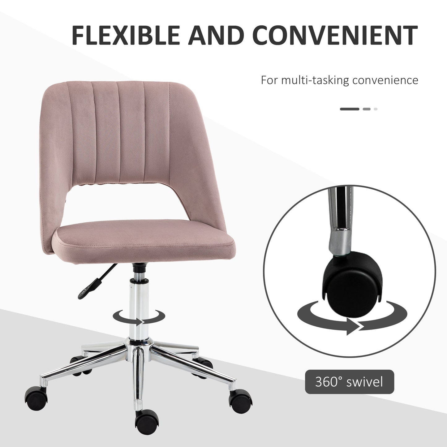 Armless Velvet-Feel Office Chair | Sponge Padded Seat & Back | 360° Swivel | 5 Wheels | Height Adjustable 46-58cm | 120kg | Bedroom Home Office Study | Pink