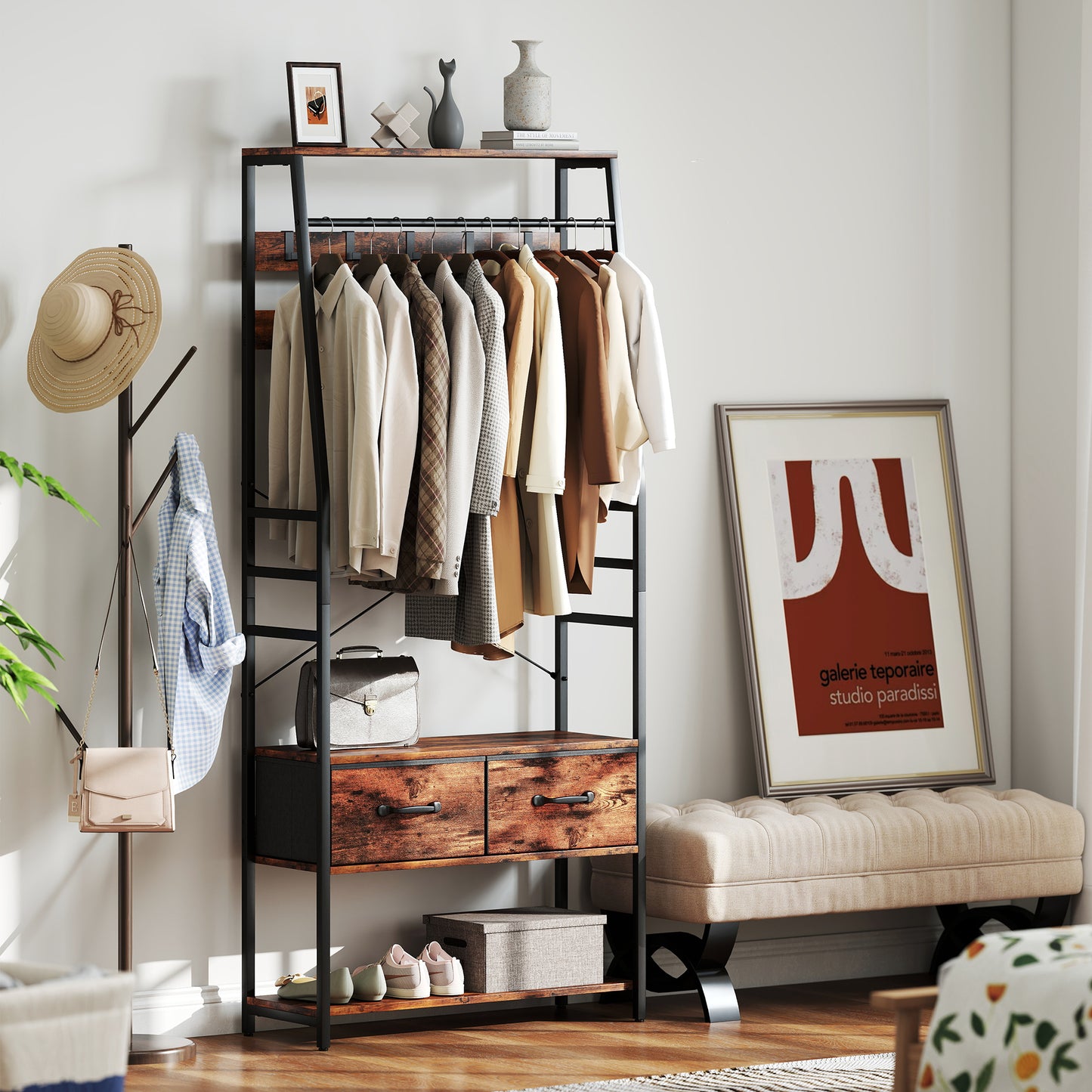 6-in-1 Industrial-Style Hallway Organiser - Brown/Black