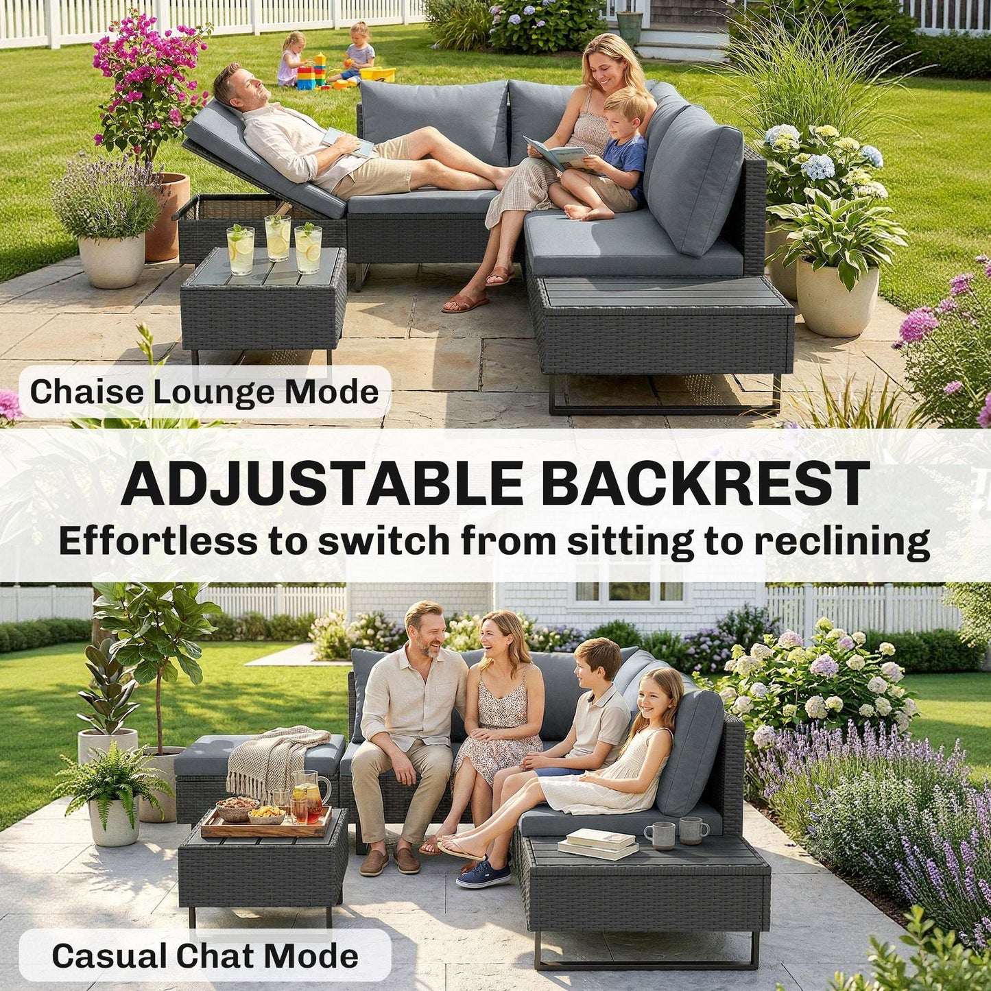 5 Seater L-Shaped Rattan Garden Corner Sofa Set | Adjustable Backrest & Chaise Lounge | Loveseat & Coffee Table | Zipped Cushion Covers | Powder-Coated Frame | 360kg Capacity | Dark Grey