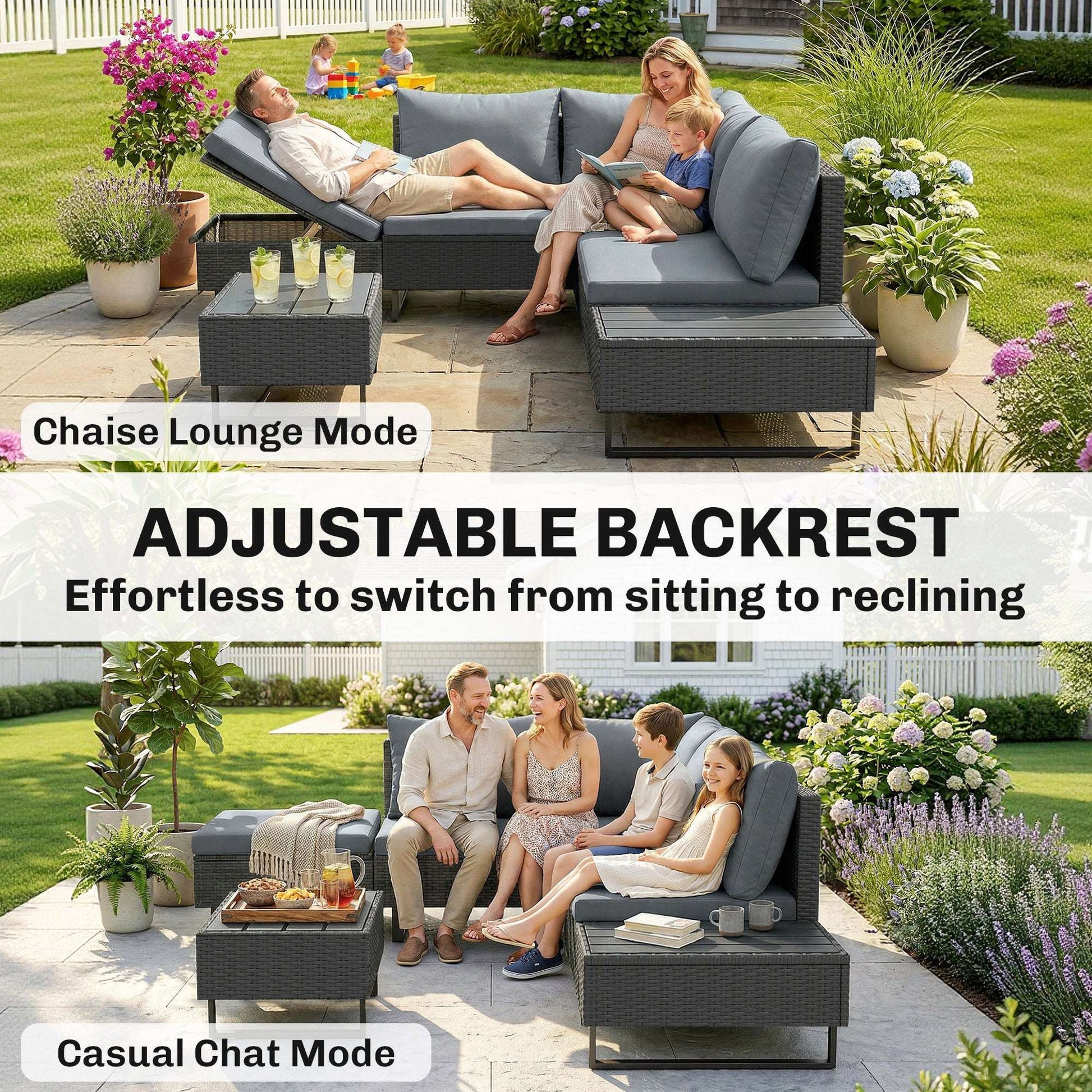 5 Seater L-Shaped Rattan Garden Corner Sofa Set | Adjustable Backrest & Chaise Lounge | Loveseat & Coffee Table | Zipped Cushion Covers | Powder-Coated Frame | 360kg Capacity | Dark Grey