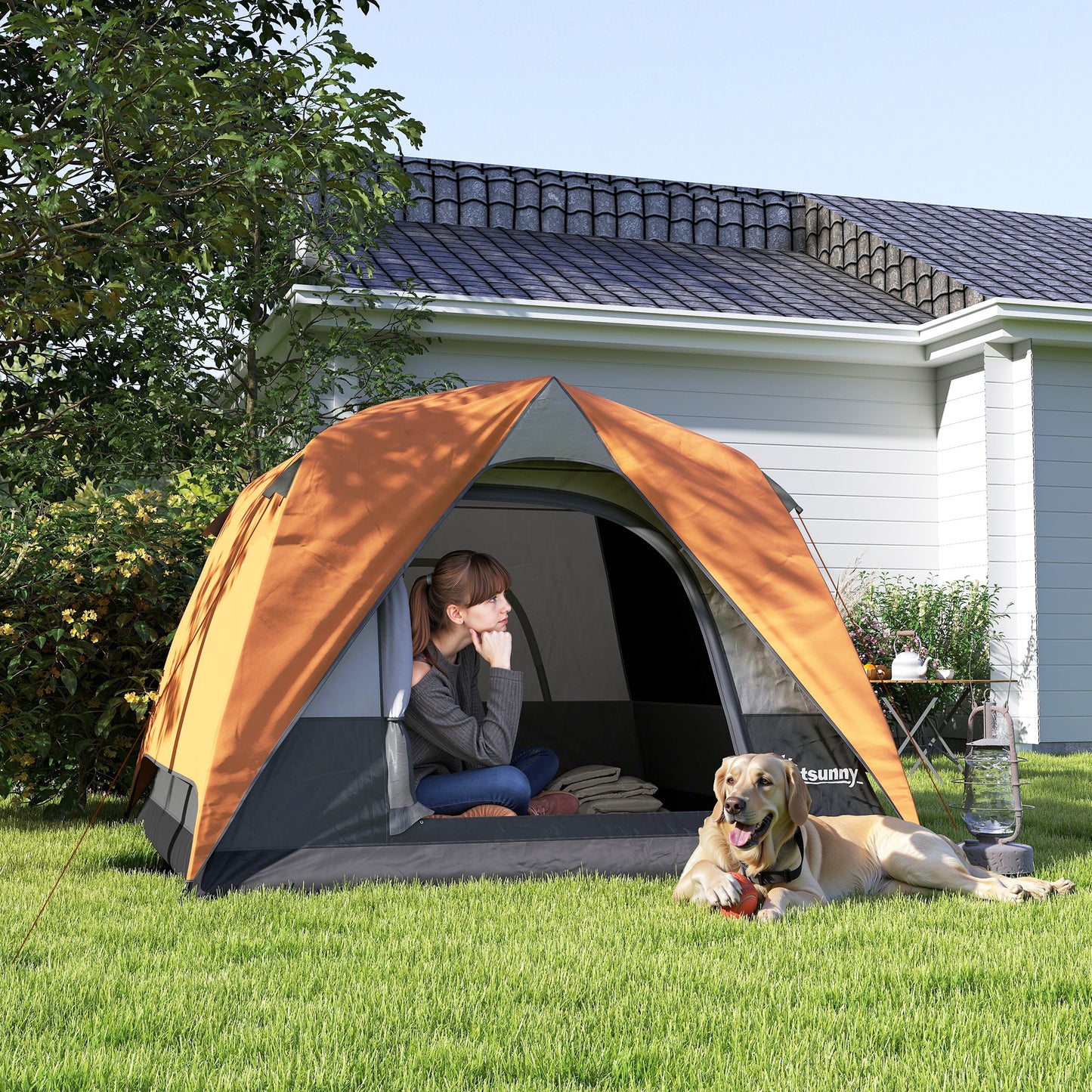 3-4 Person Camping Tent, Easy Set Up Waterproof Dome Tent with Sewn-in Groundsheet, Mesh Windows, Pocket and Hook for Camping, Orange & Grey