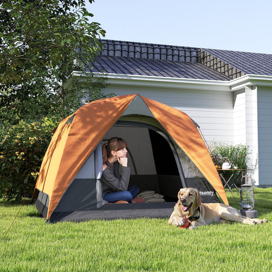 3-4 Person Camping Tent, Easy Set Up Waterproof Dome Tent with Sewn-in Groundsheet, Mesh Windows, Pocket and Hook for Camping, Orange & Grey