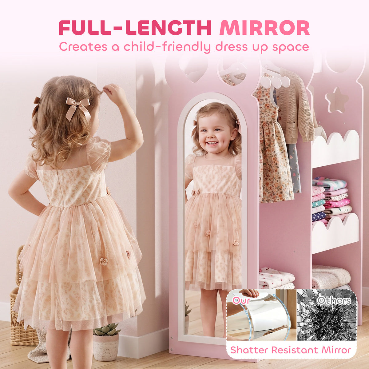 Kids Wardrobe with Full-Length Mirror | Clothes Rail | Open Shelves & Bottom Storage | P2 MDF | Acrylic Mirror | Pink Cloud-Print Design | 81x34x110cm | 10kg Shelf & 5kg Rail | Ages 3–12 | Pink