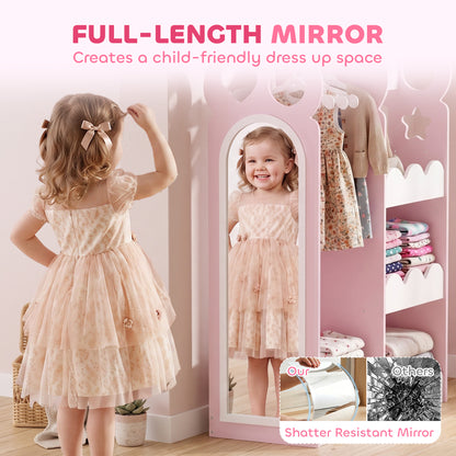 Kids Wardrobe with Full-Length Mirror | Clothes Rail | Open Shelves & Bottom Storage | P2 MDF | Acrylic Mirror | Pink Cloud-Print Design | 81x34x110cm | 10kg Shelf & 5kg Rail | Ages 3–12 | Pink