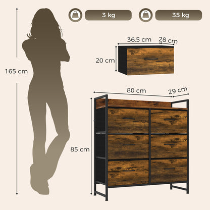 Rustic Chest of Six Fabric Drawers | Rustic Brown & Black | Linen Fabric Steel Particleboard | 80x29x85cm | 35kg Max Load | Adjustable Feet | Industrial Style | Bedroom Storage