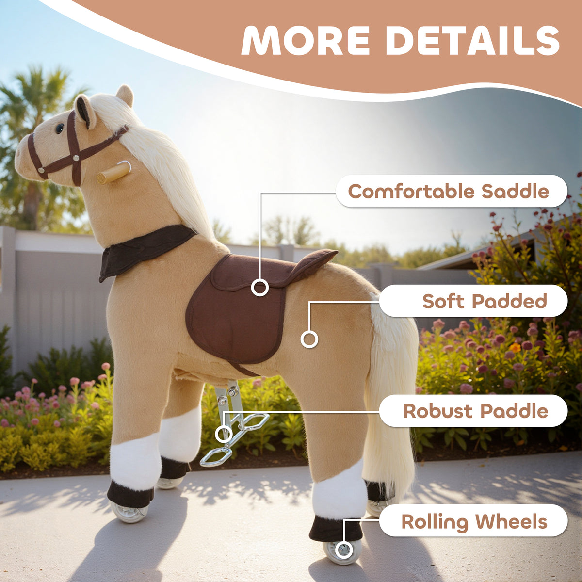 Plush Rocking Horse Ride On Pony | Rolling Wheels | Soft Saddle | No Batteries | Ages 3–5 | 25kg | Brown